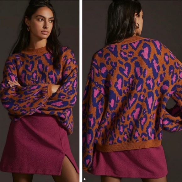 *SOLD* Farm Rio Leopard Pop Caramel Sweater Balloon Sleeves Wool Blend, Medium - Picture 7 of 15